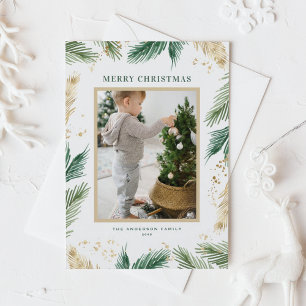 Faux Gold Foil Pine Needles Photo Christmas Holiday Postcard