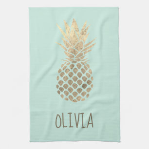 faux gold foil pineapple design on mint tea towel