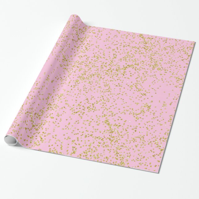 Faux Gold Foil Pink Background Sprinkle Glitter Wrapping Paper (Unrolled)