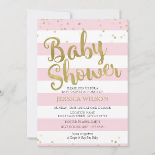 Faux Gold Foil, Pink Stripes Baby Shower Girl Invitation