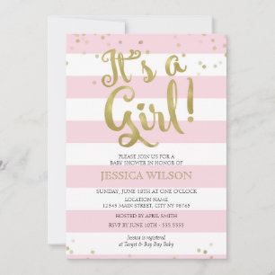 Faux Gold Foil Pink Stripes Baby Shower Its a Girl Invitation
