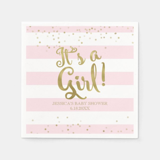 Faux Gold Foil Pink Stripes Baby Shower Its a Girl Napkin (Front)