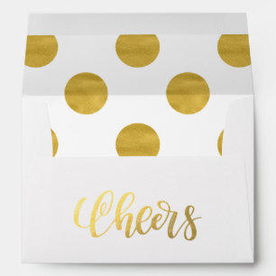 Faux gold foil polka dots pattern cheers script envelope