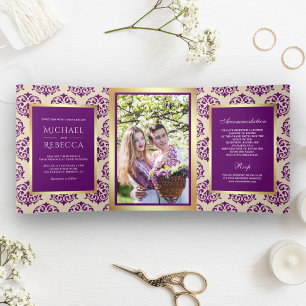 Faux Gold Foil Purple Damask Wedding Photo Tri-Fold Invitation