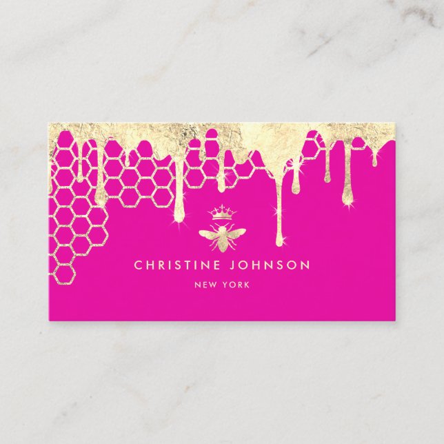 faux gold foil queen bee on neon pink business card (Front)