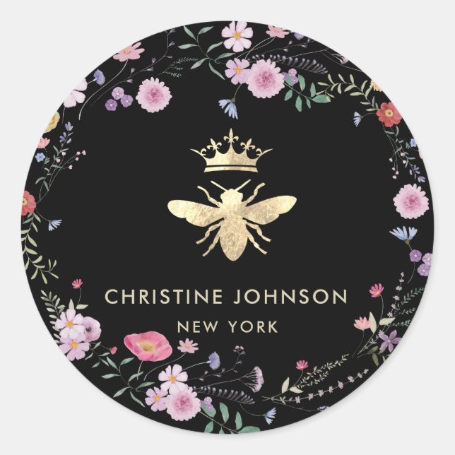 faux gold foil queen bee wildflowers classic round sticker (Front)