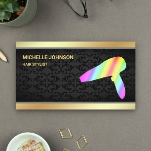 Faux Gold Foil Rainbow Hair Dryer Hair Stylist Business Card