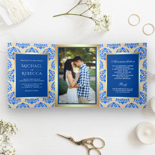 Faux Gold Foil Royal Blue Damask Wedding Photo Tri-Fold Invitation