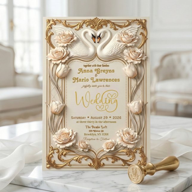 Faux Gold Foil & Satin Effect Baroque Swan Invitation (Creator Uploaded)