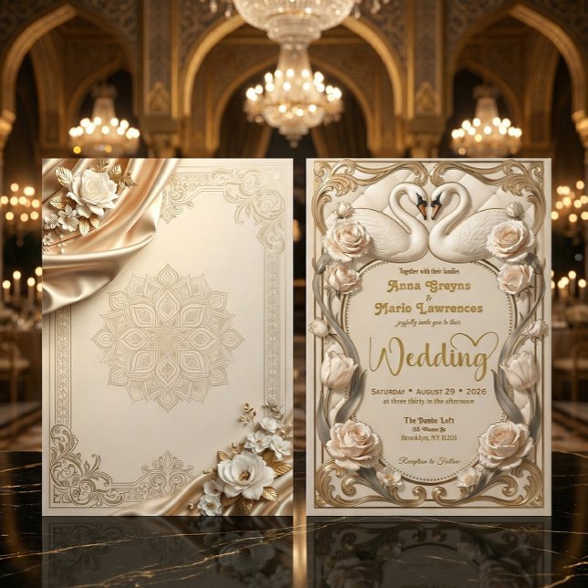 Faux Gold Foil & Satin Illusion Baroque Swans Invitation (Creator Uploaded)