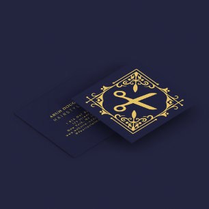 Faux Gold Foil Scissors Hairstylist Navy Blue Square Business Card