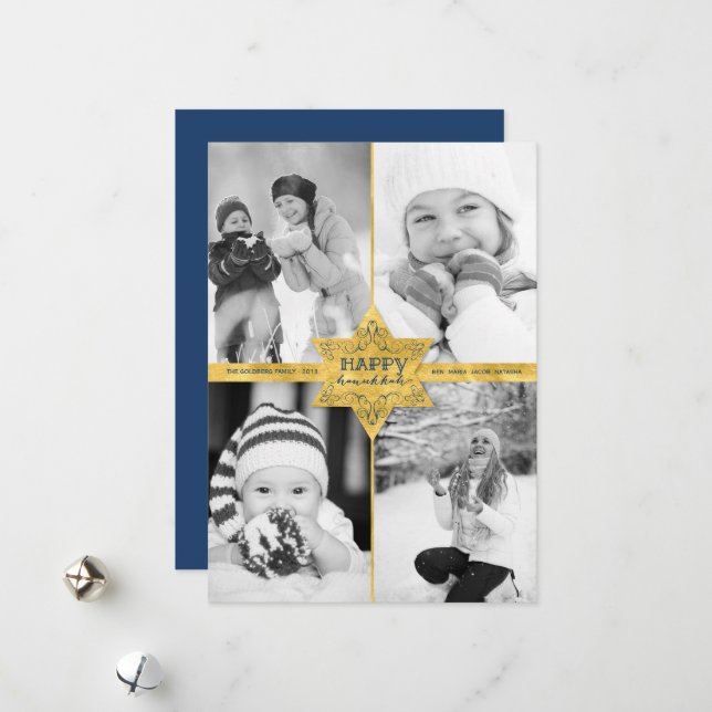 Faux Gold Foil Star Of David Hanukkah 4 Photo Holiday Card (Front/Back In Situ)