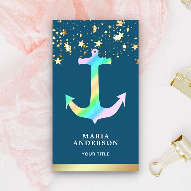 Faux Gold Foil Stars Confetti Blue Rainbow Anchor Business Card (Creator Uploaded)