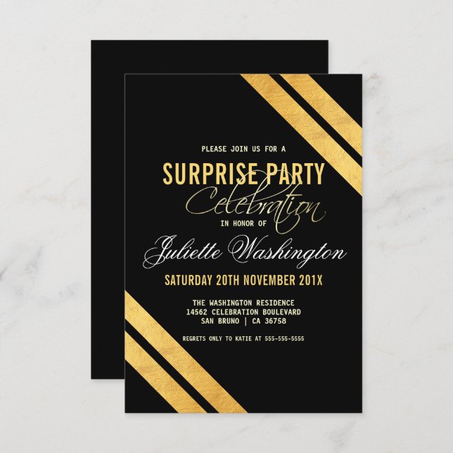 Faux Gold Foil Strip Black Surprise Birthday Party Invitation (Front/Back)