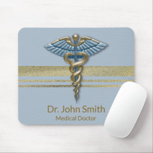 Faux Gold Foil Stripes Light Blue Caduceus Medical Mouse Pad