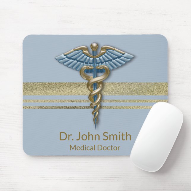 Faux Gold Foil Stripes Light Blue Caduceus Medical Mouse Pad (With Mouse)