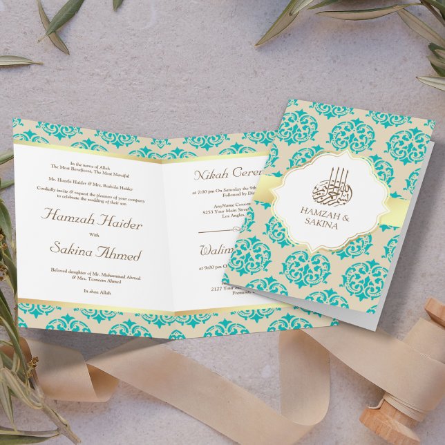 Faux Gold Foil Teal Blue Damask Muslim Wedding Invitation (Creator Uploaded)