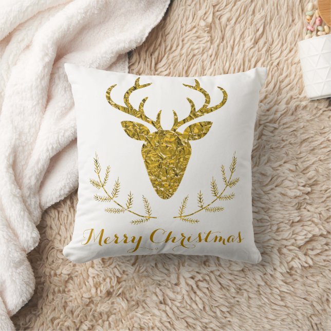 Faux Gold Foil Textured Deer Head Christmas Cushion (Blanket)