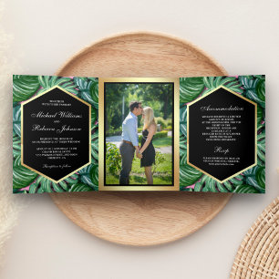 Faux Gold Foil Tropical Palm Leaves Photo Wedding Tri-Fold Invitation