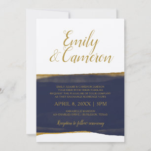 Faux Gold Foil Watercolor Strip Invitation Navy