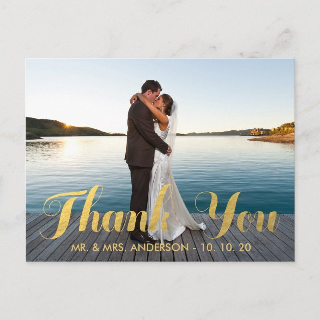 FAUX GOLD FOIL WEDDING PHOTO THANK YOU POSTCARD (Front)