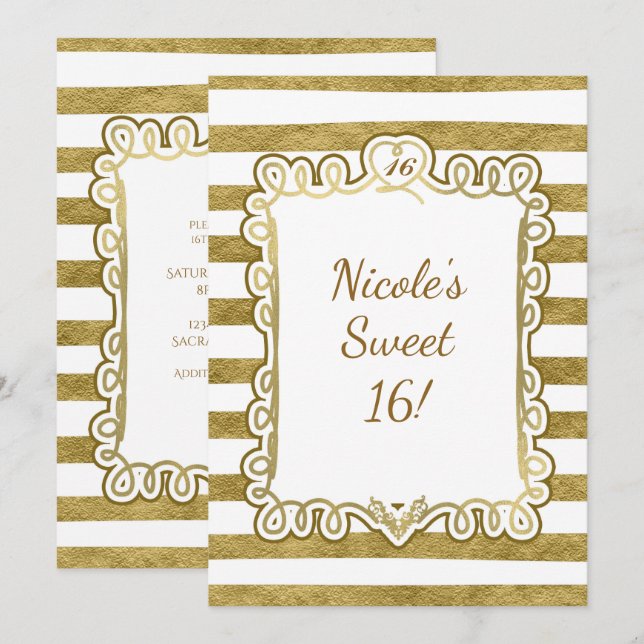 Faux Gold Foil & White Heart Frame Invitations (Front/Back)