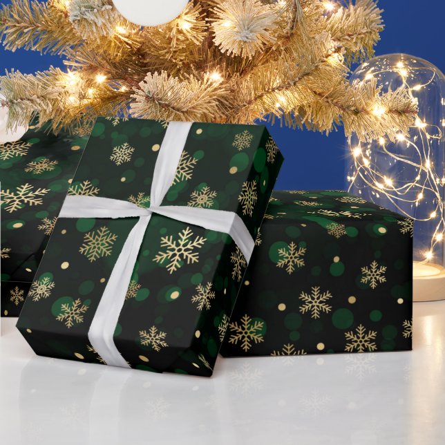 Faux Gold Foil Winter Snowflakes & green bokeh Wrapping Paper (Holidays)