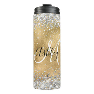 Faux Gold Foil with Sparkly Glitter Monogram Thermal Tumbler