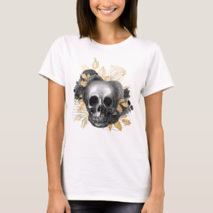 Faux Gold foliage skull black roses and script T-Shirt
