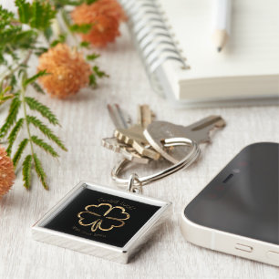 Faux Gold Four Leaf Clover Custom Text Good Luck Key Ring