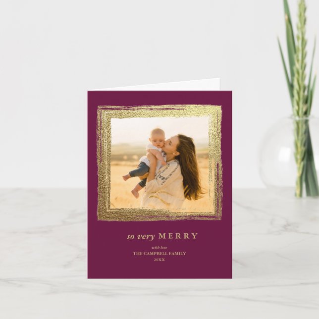 Faux Gold Frame Holidays Christmas Photo Burgundy Card (Front)