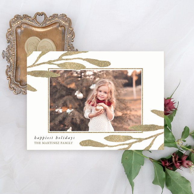 Faux Gold Frame with Botanical Leaves Photo Holiday Card (Creator Uploaded)