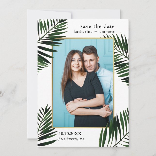 Faux Gold Frame with Palm Leaves Photo Save The Date (Front)