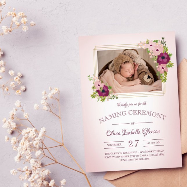 Faux Gold Frames Blush Floral Naming Ceremony Invitation (Creator Uploaded)