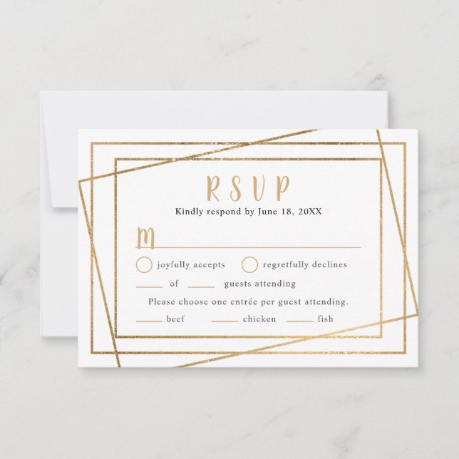 Faux Gold Geometric Frame Wedding RSVP + entrées Card (Front)