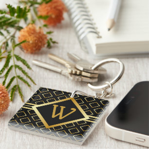 FAUX Gold Geometric Pattern  INITIAL only on BLACK Key Ring
