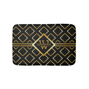 FAUX Gold Geometric Pattern with Monogram on BLACK Bath Mat