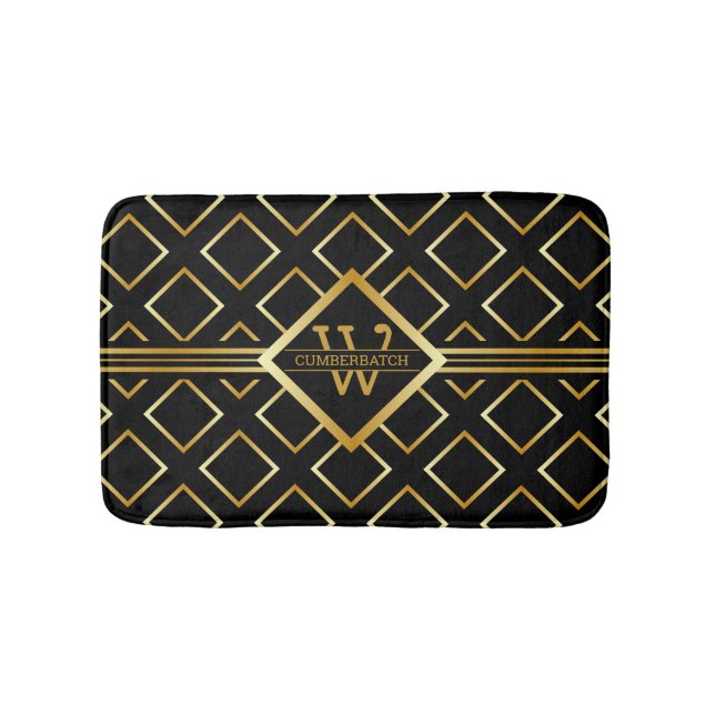 FAUX Gold Geometric Pattern with Monogram on BLACK Bath Mat (Front)