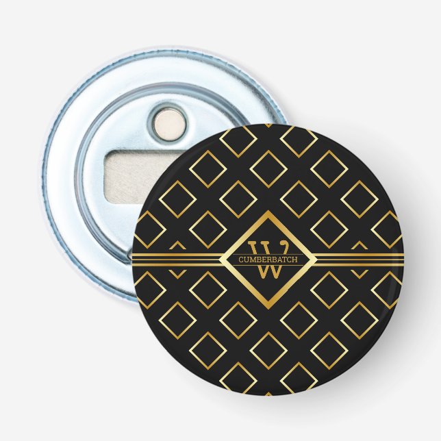FAUX Gold Geometric Pattern with Monogram on BLACK Bottle Opener (Front)