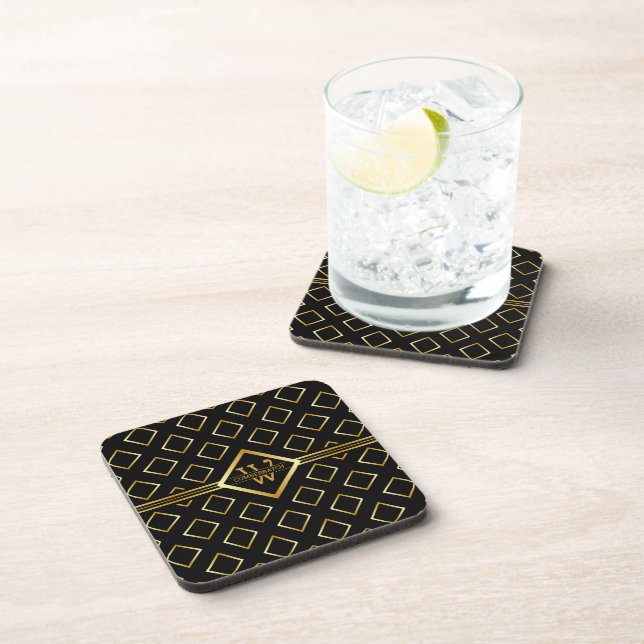 FAUX Gold Geometric Pattern with Monogram on BLACK Coaster (Right Side)
