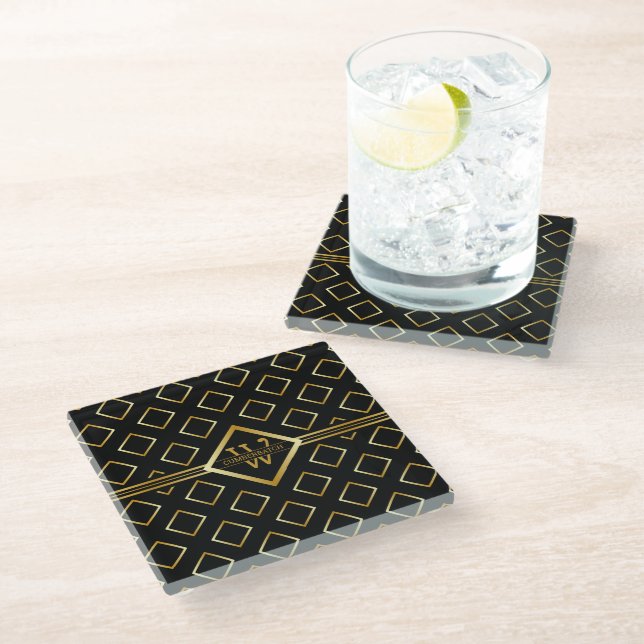 FAUX Gold Geometric Pattern with Monogram on BLACK Glass Coaster (Angled)
