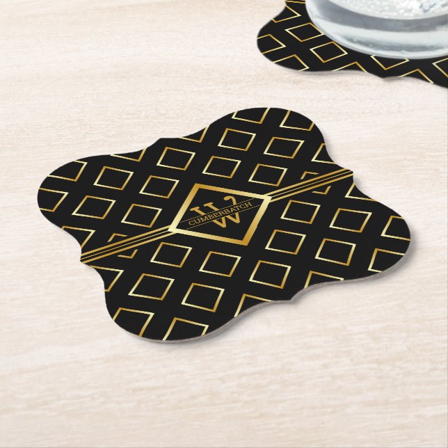 FAUX Gold Geometric Pattern with Monogram on BLACK Paper Coaster (Angled)