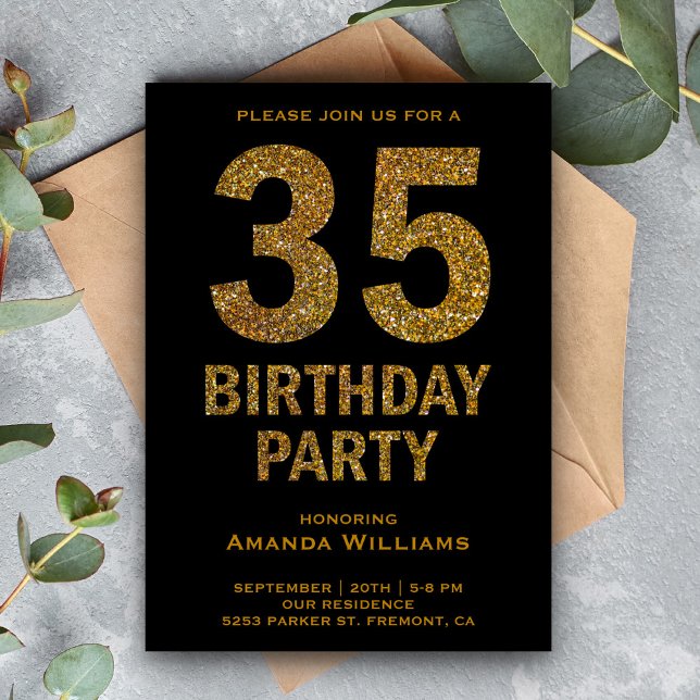 Faux Gold Glitter 35th Birthday Party Invitation (Creator Uploaded)