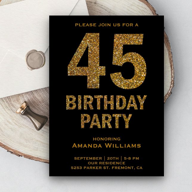Faux Gold Glitter 45th Birthday Party Invitation (Creator Uploaded)