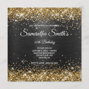 Faux Gold Glitter and Black Foil 40th Birthday Invitation