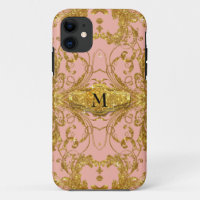 Faux Gold Glitter Art Nouveau Scroll Swirl Damask