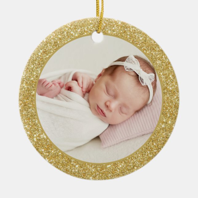 Faux Gold Glitter Baby's First Christmas Photo Ceramic Ornament (Front)
