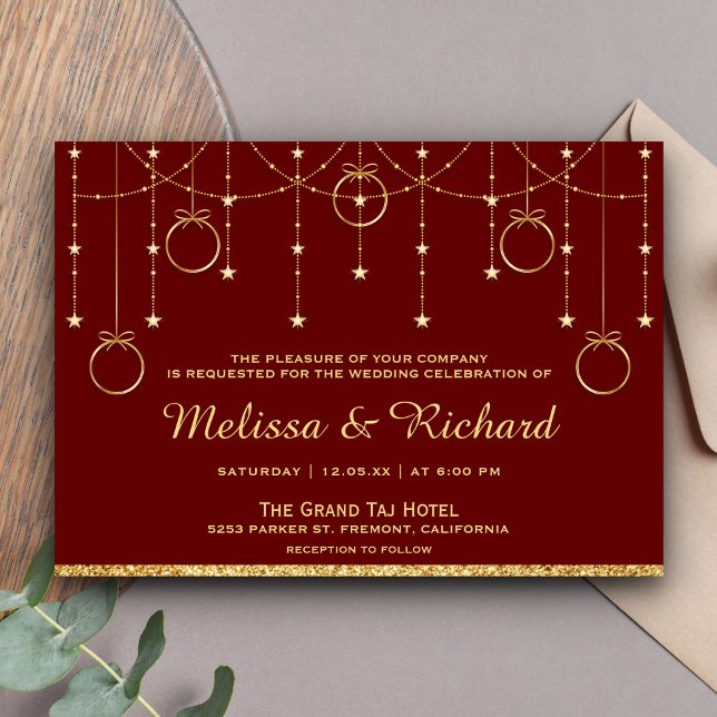 Faux Gold Glitter Baubles Red Christmas Wedding Invitation (Creator Uploaded)
