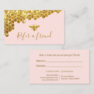 faux gold glitter bee on pink referral card