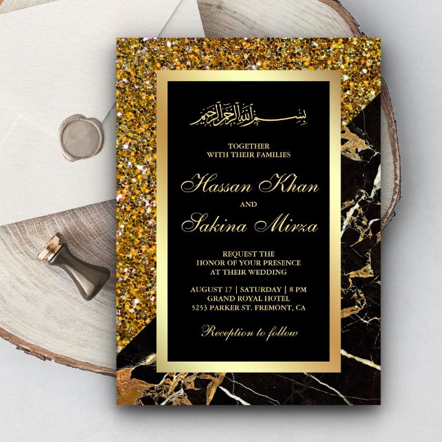 Faux Gold Glitter Black Gold Marble Muslim Wedding Invitation (Creator Uploaded)